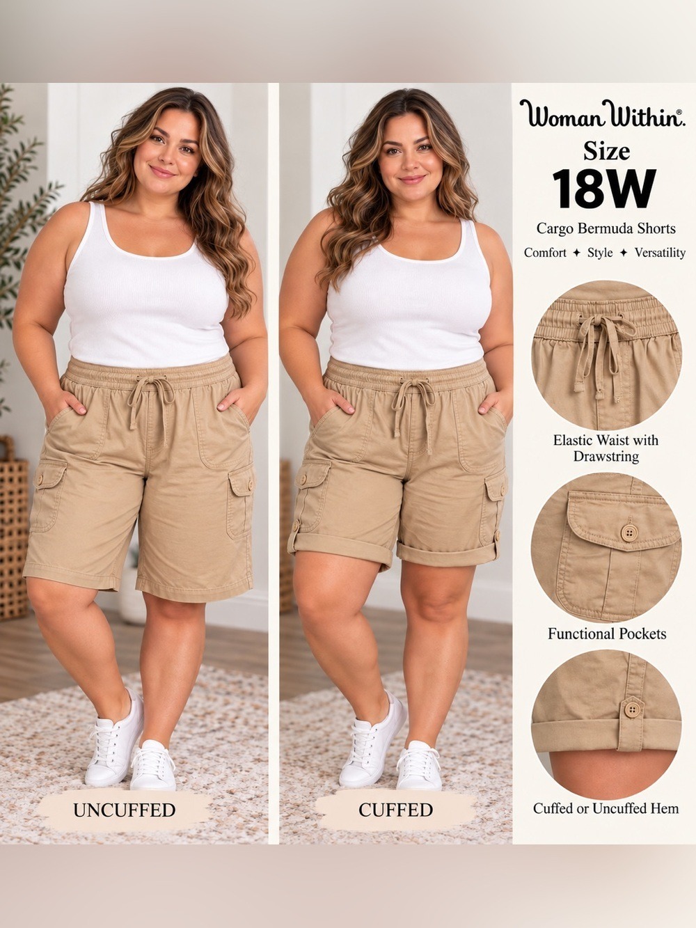 Woman Within Size 18W tan/khaki Cargo Bermuda Shorts Convertible Cuffed Hem